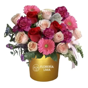 Caja Golden con Rosas y Gerberas