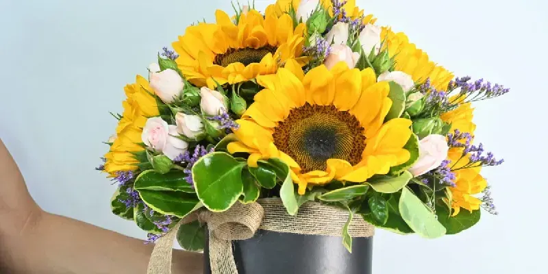 round box of tulips with sunflowers