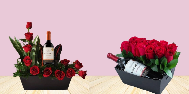 box personalizado de rosas y vino