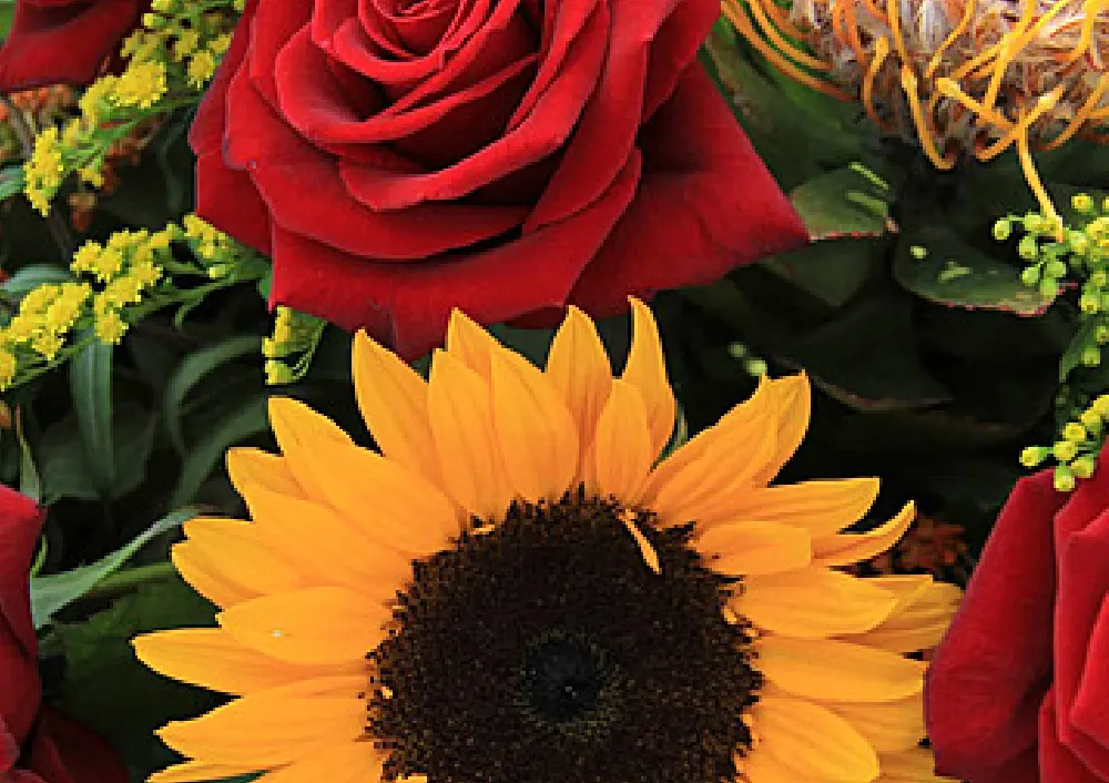 box of roses and sunflowers