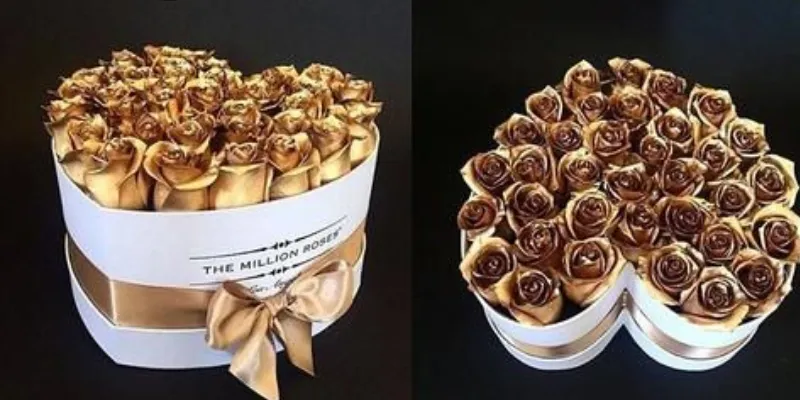 heart boxes con rosas doradas en diferentes posciones 