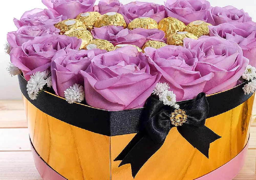 ferrero heart box with purple roses