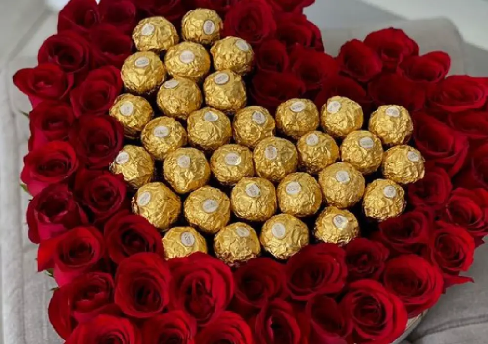 ferrero heart box with roses and chocolates