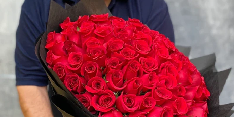 large red arrangement of roses