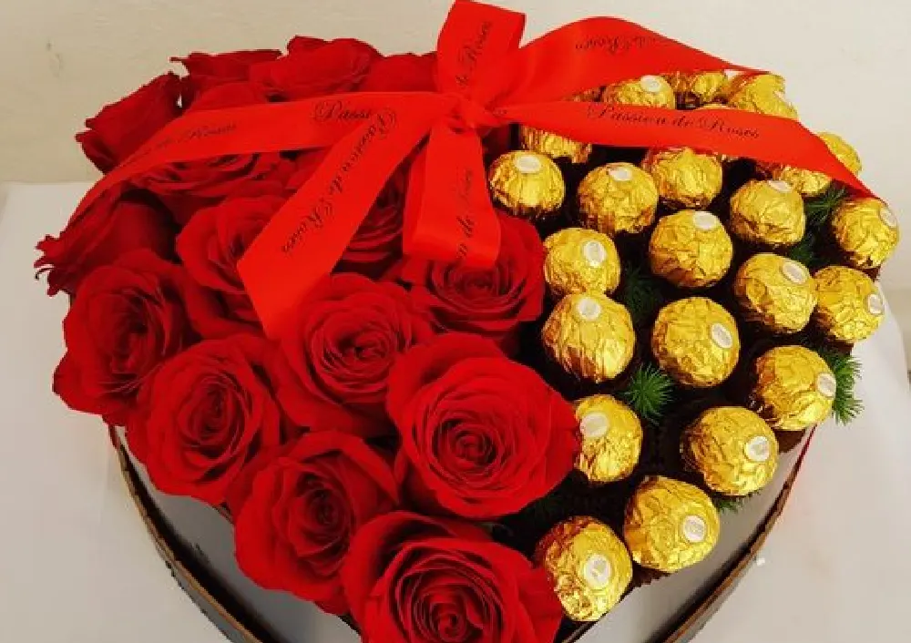 roses and rocher chocolates in the heart box