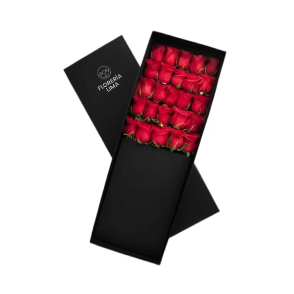 caja con 25 rosas rojas